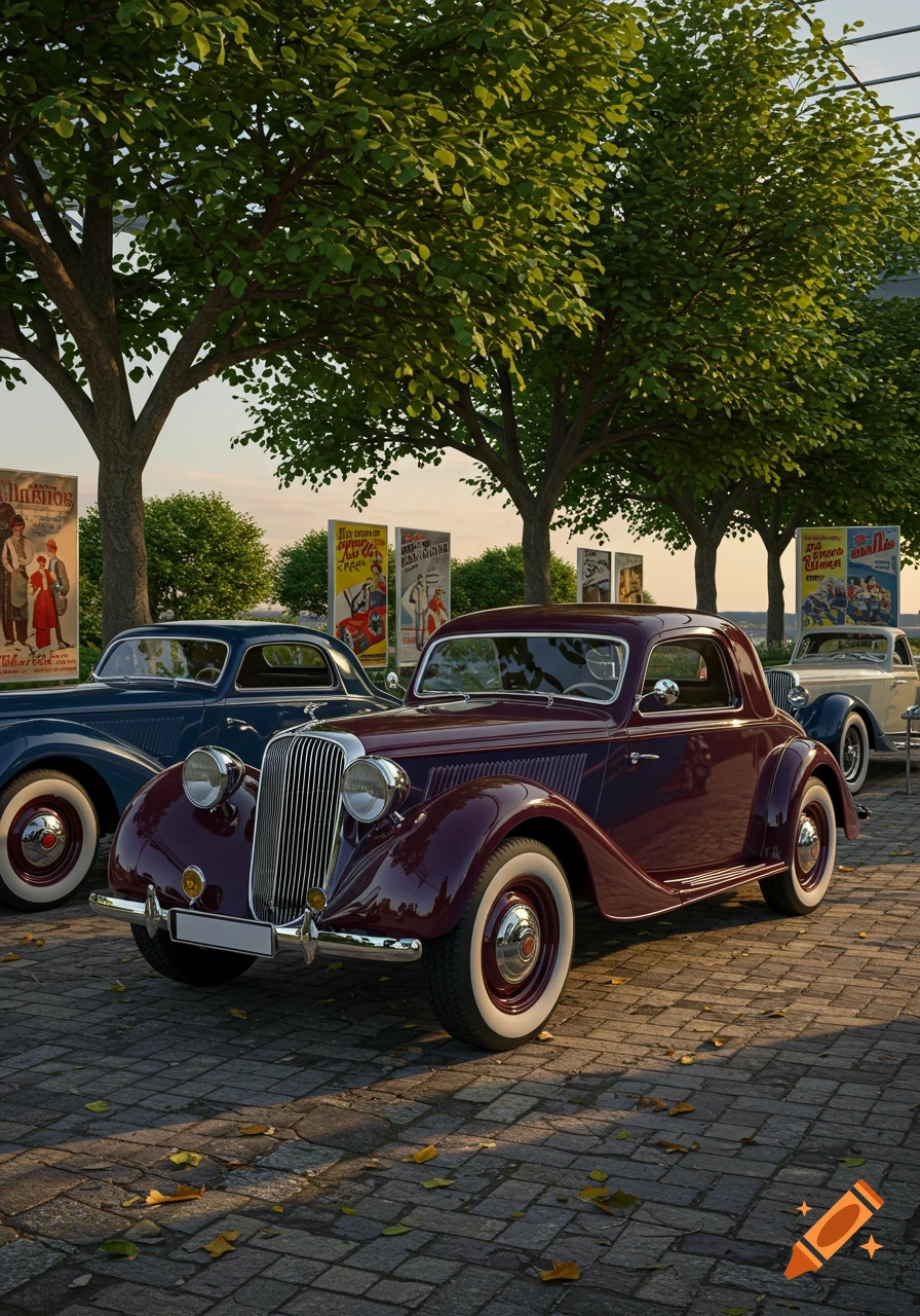 A vintage maroon car with white-walled tires parked on a cobblestone street, with other classic cars and trees in the background.