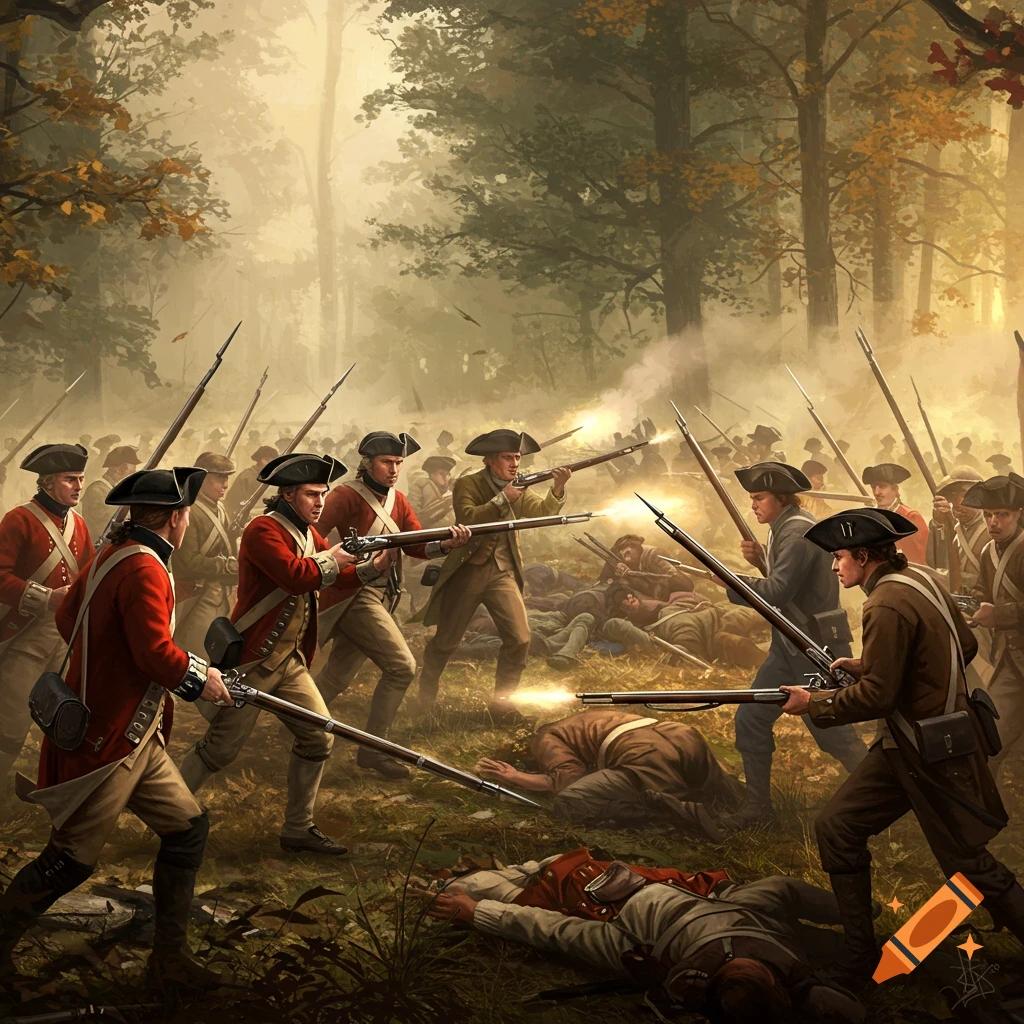 Colonial-era soldiers in red and brown uniforms fire muskets in a smoky forest battle, with fallen combatants on the ground.