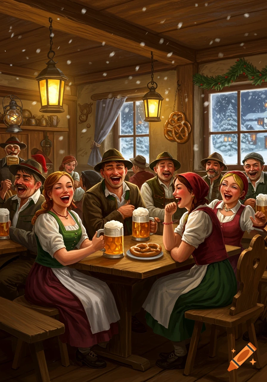 Illustrated group of people in traditional attire laughing and drinking beer in a warm, rustic pub with snow falling outside.