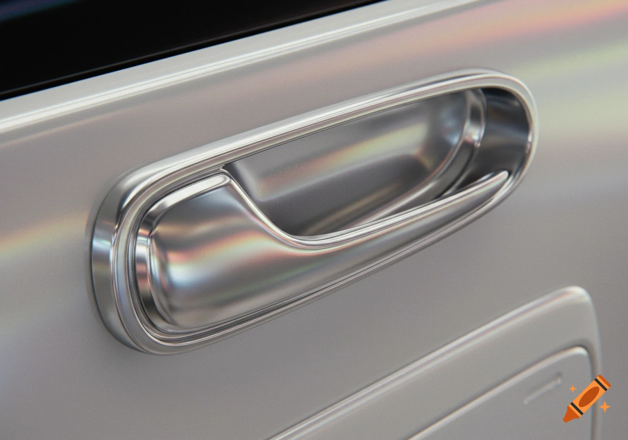 A close-up, photorealistic image of a sleek, silver aluminum car door handle with a Y2K aesthetic, reflecting colorful light.