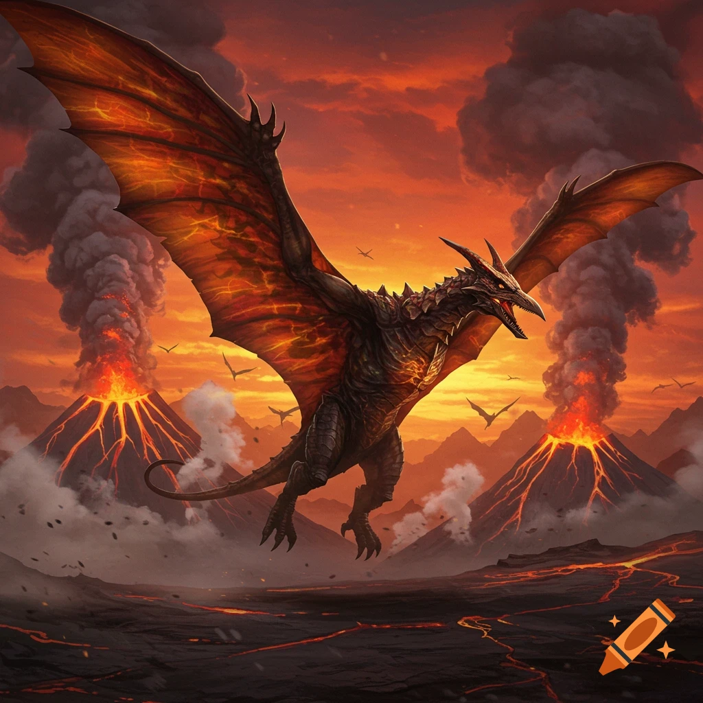 A giant, winged kaiju with fiery orange wings flies over a landscape of erupting volcanoes and molten lava under a dramatic red sky.