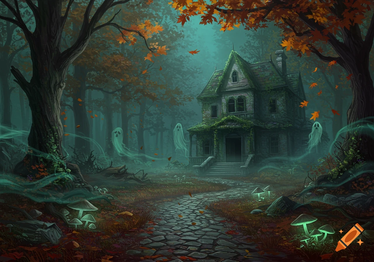 An atmospheric illustration of a haunted house in a misty, autumn forest with glowing mushrooms, ethereal ghosts, and a winding cobblestone path.