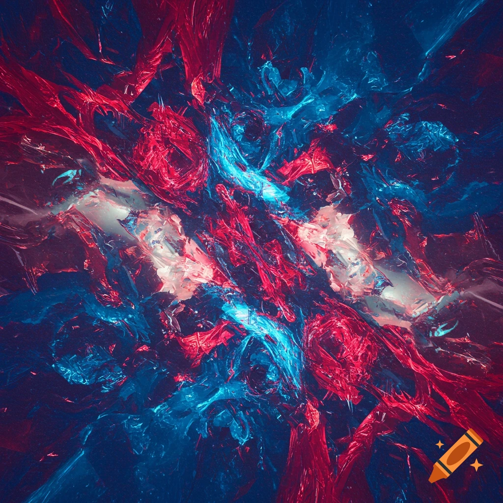Vibrant abstract digital art featuring swirling red and blue textured forms.