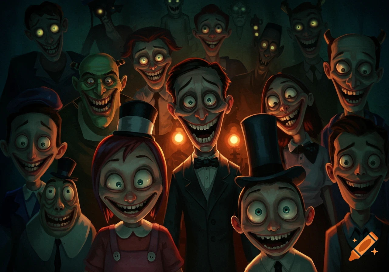 A dark, creepy cartoon group portrait of many wide-eyed figures with exaggerated, twisted smiles in a gloomy setting.