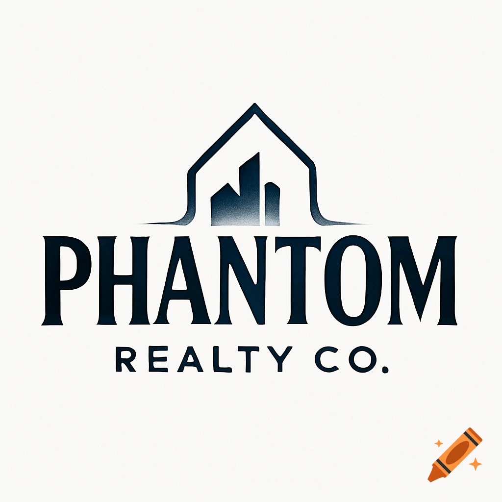 A dark blue logo for Phantom Realty Co. featuring a house outline with city buildings inside above the company name.
