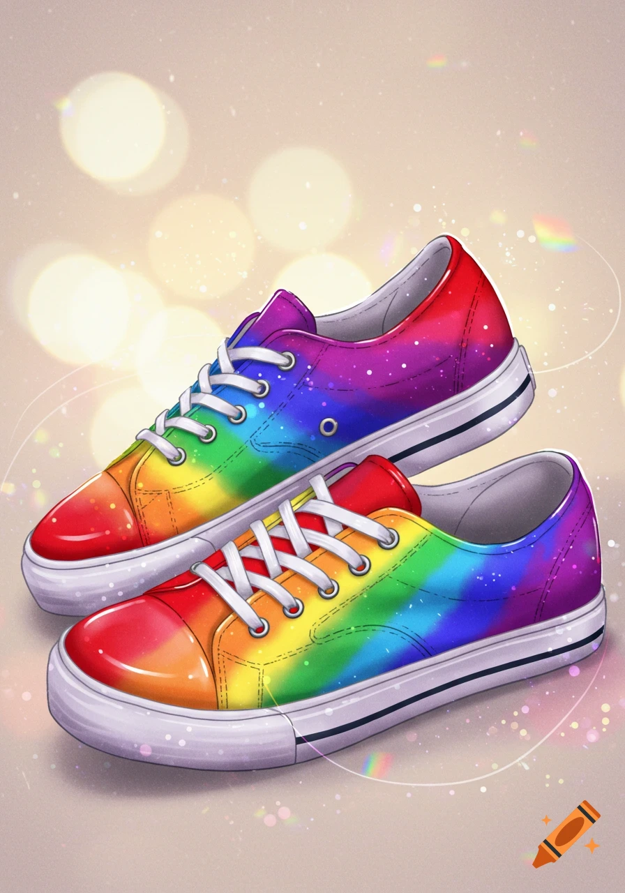 Two vibrant rainbow-colored canvas shoes with white laces, digitally illustrated on a bokeh background.