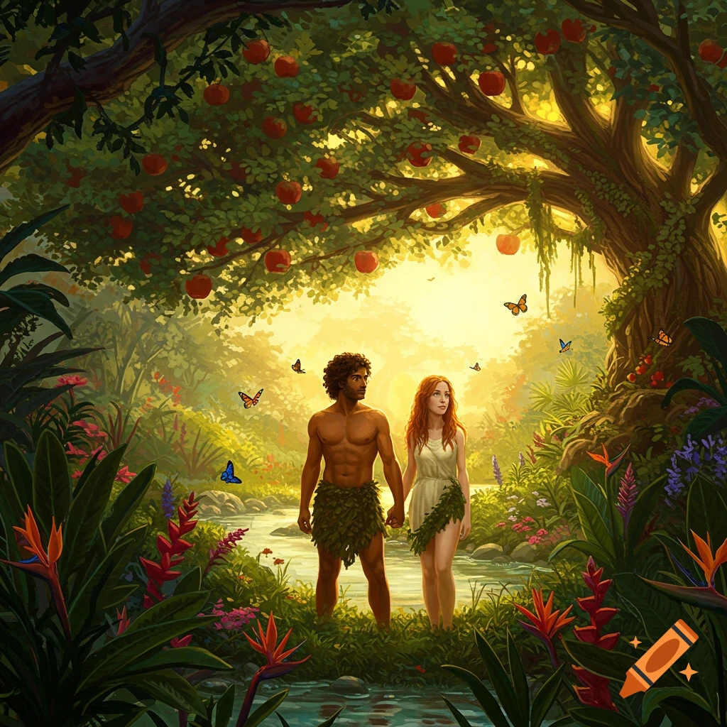 Adam and Eve hold hands in a lush, vibrant Garden of Eden with a river and fruit trees, in an illustrative style.