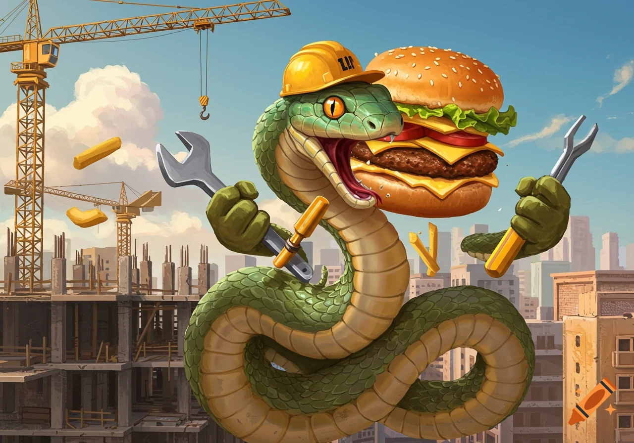 A cartoon builder snake wearing a hard hat, holding a wrench and screwdriver, eats a burger at a construction site with cranes and buildings.