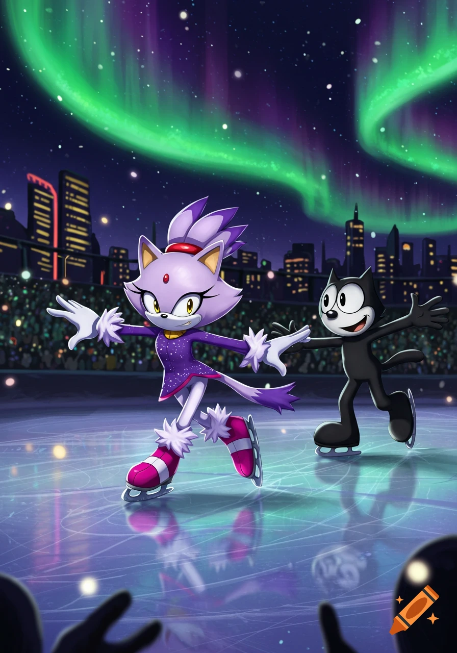 Blaze the Cat and Felix the Cat ice skating at night under a green aurora over a city skyline in a vibrant cartoon style.