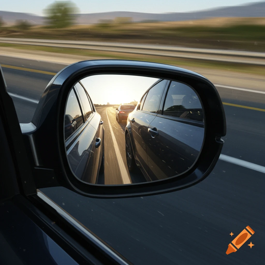 A car's side mirror reflects a highway with another car behind it, captured with motion blur and a bright sun in the distance.
