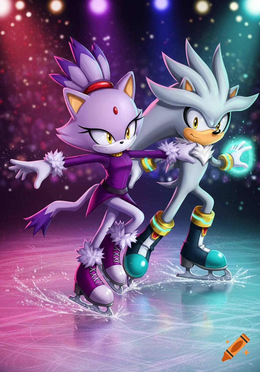 Blaze the Cat and Silver the Hedgehog ice skating on a vibrant rink under spotlights in an anime style.