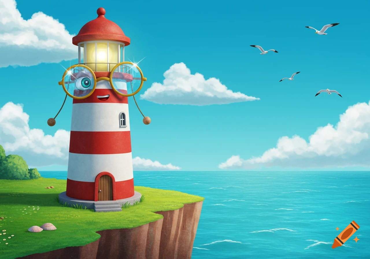 A cheerful, red and white striped cartoon lighthouse wearing gold-rimmed glasses on a green cliff by a blue ocean with flying seagulls.