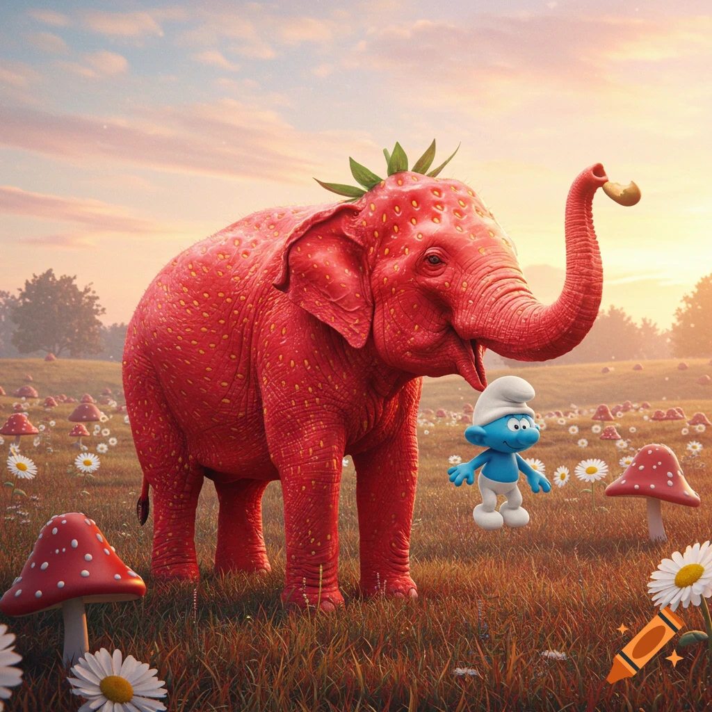 A photorealistic strawberry elephant with green leaves on its head stands in a field with a small blue Smurf character, daisies, and red spotted mushrooms, under a sunset sky.