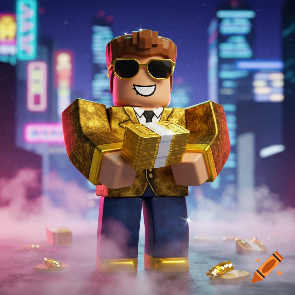 Roblox character in a golden suit and sunglasses holds stacks of money against a neon-lit city background.