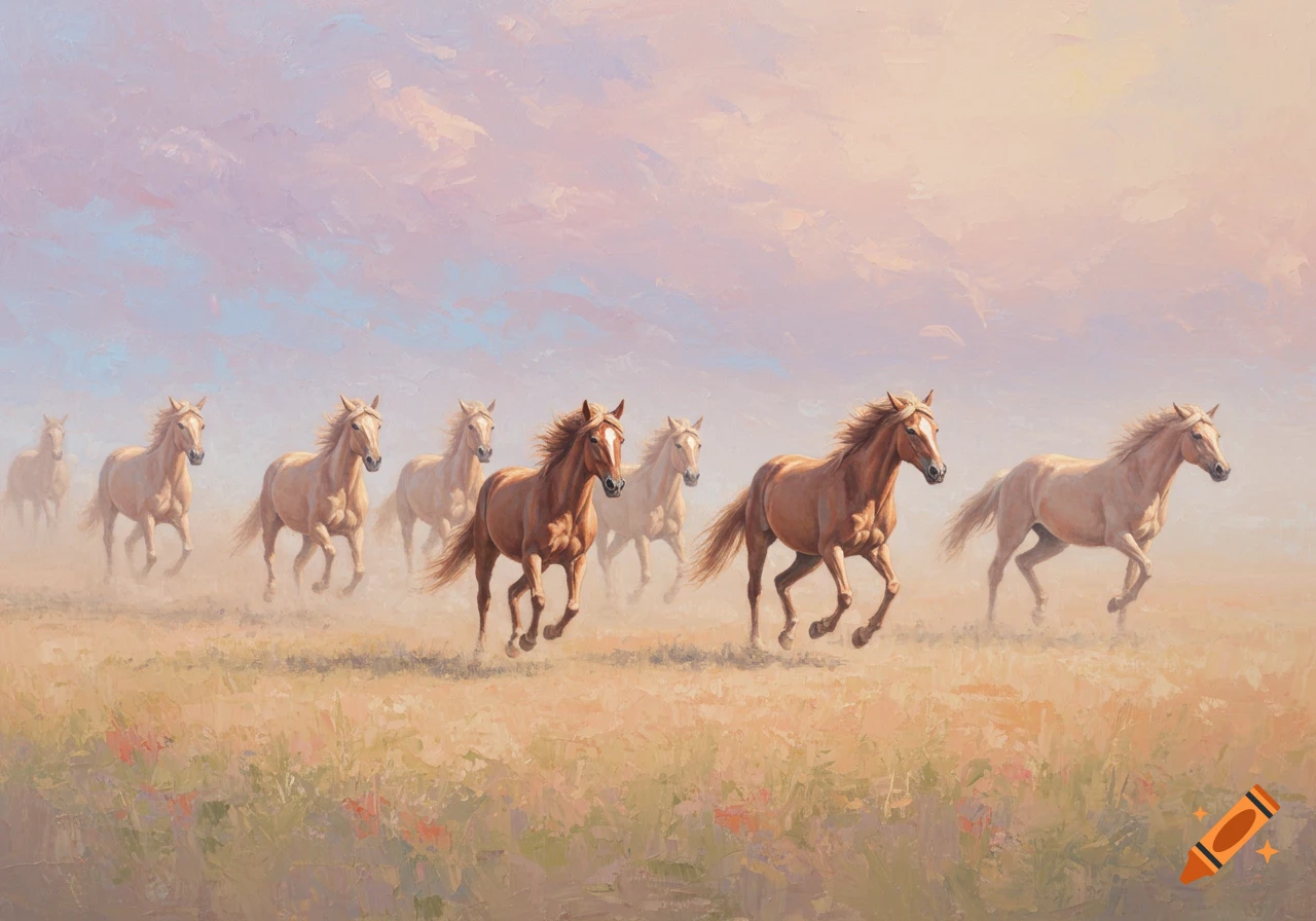 Wild horses gallop across a dusty, grassy field under a pastel sky, rendered in an oil painting style.