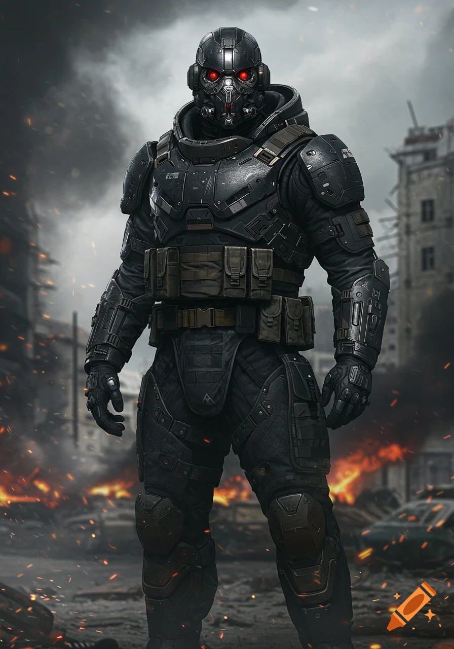 A heavily armored futuristic soldier with glowing red eyes stands in a destroyed, burning city under a smoky sky.