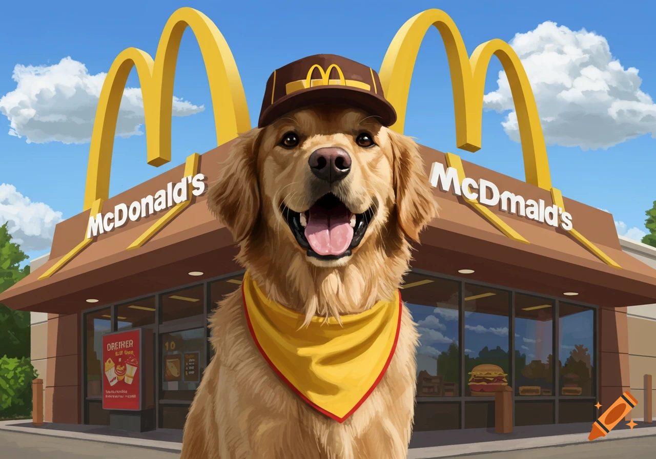 A happy golden retriever dog in a McDonald's hat and bandana sits in front of a McDonald's restaurant.