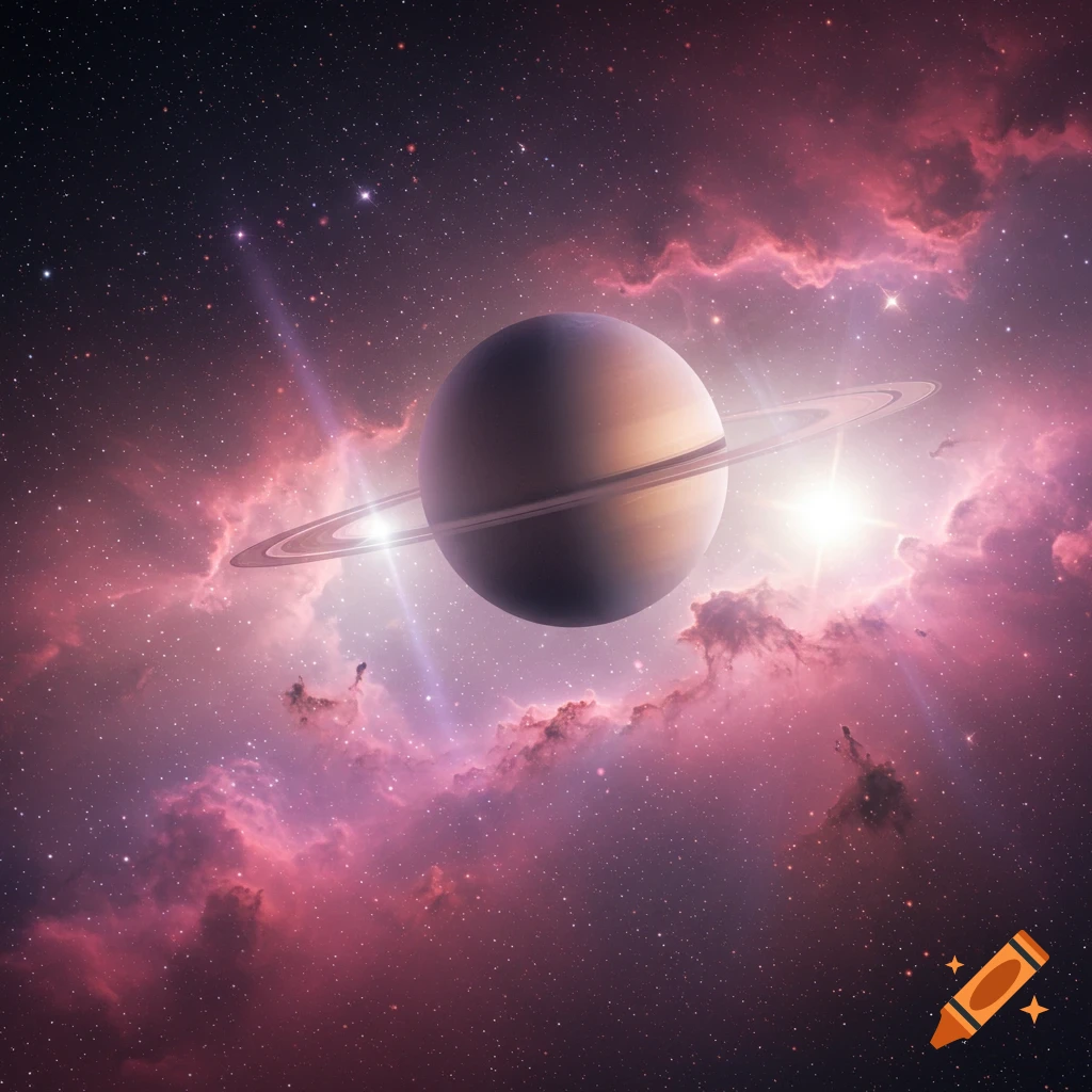 A cosmic view of Saturn with its prominent rings, glowing against a vibrant pink and purple nebula filled with stars.