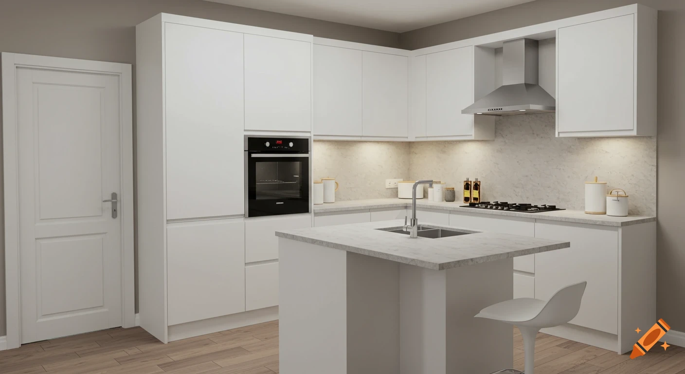 A modern, minimalist white kitchen with a central island, integrated appliances, light wood flooring, and a door.