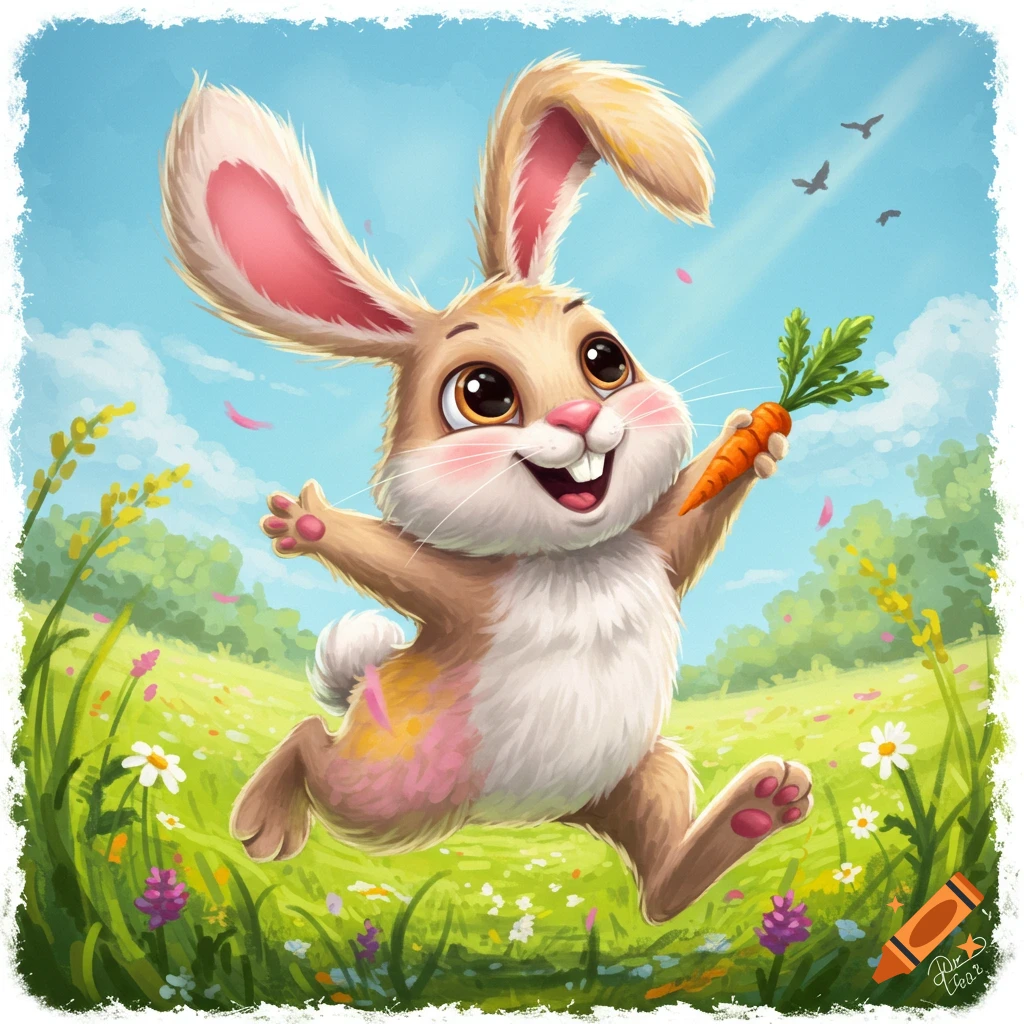 A happy, brown and white cartoon rabbit with big eyes jumps in a flowery green field, holding a carrot.