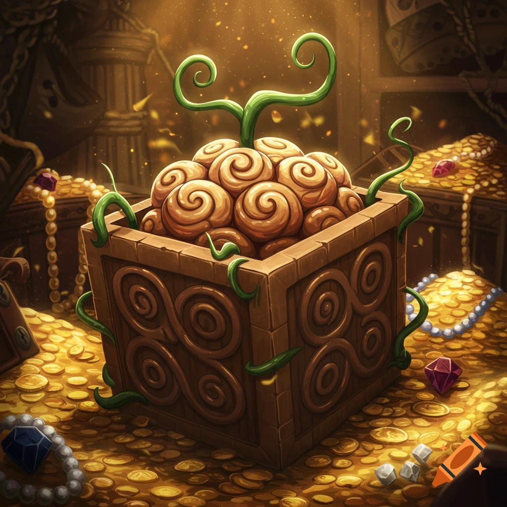 A stylized, brain-like devil fruit with green vines sits in a wooden box, surrounded by a pile of gold coins, pearls, and gems in a dimly lit treasure room.