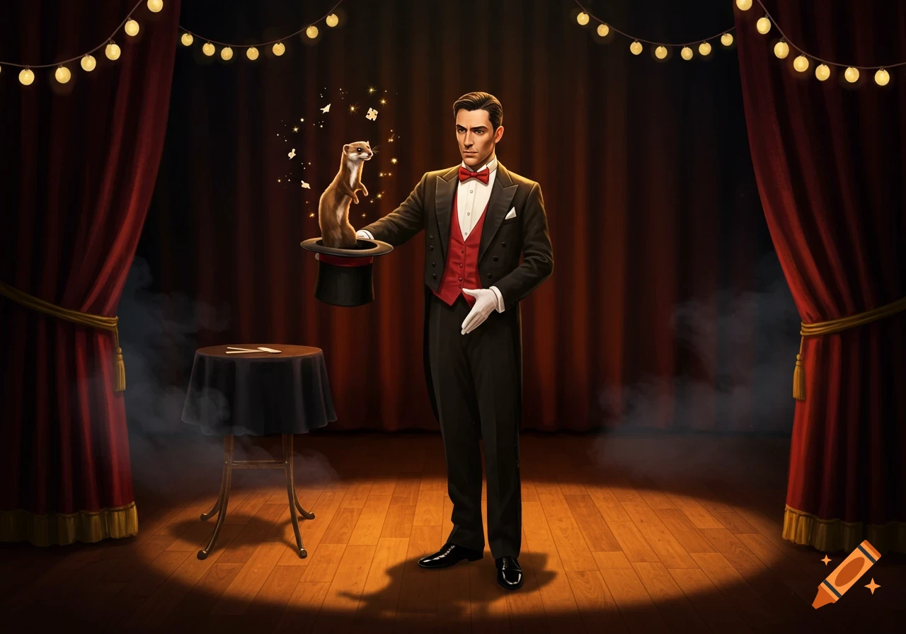 An oil painting of a magician in a tuxedo pulling a weasel out of his top hat on a spotlighted stage.