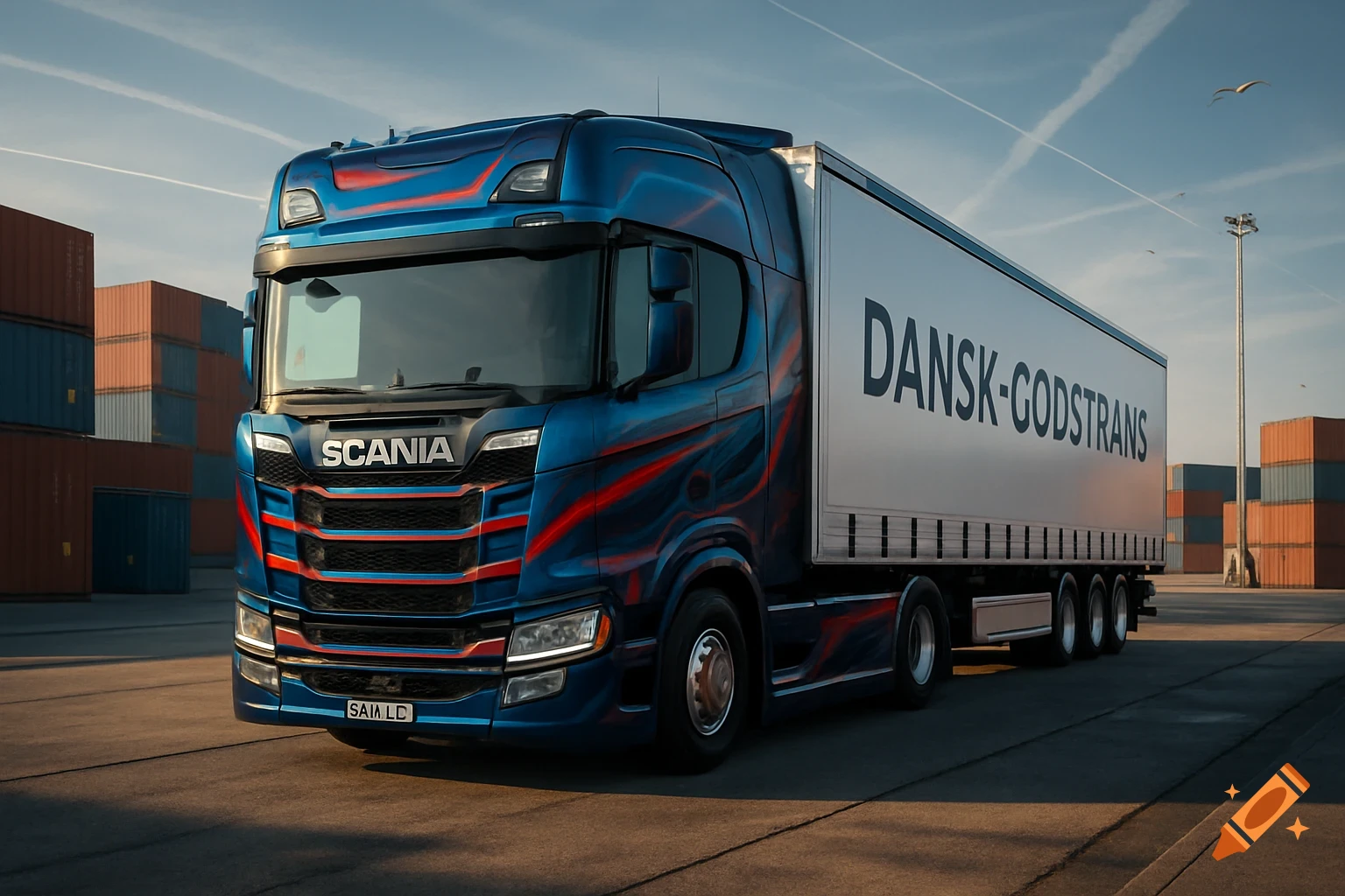 A blue Scania truck with a white trailer saying "DANSK-GODSTRANS" in a cargo port with shipping containers under a blue sky.