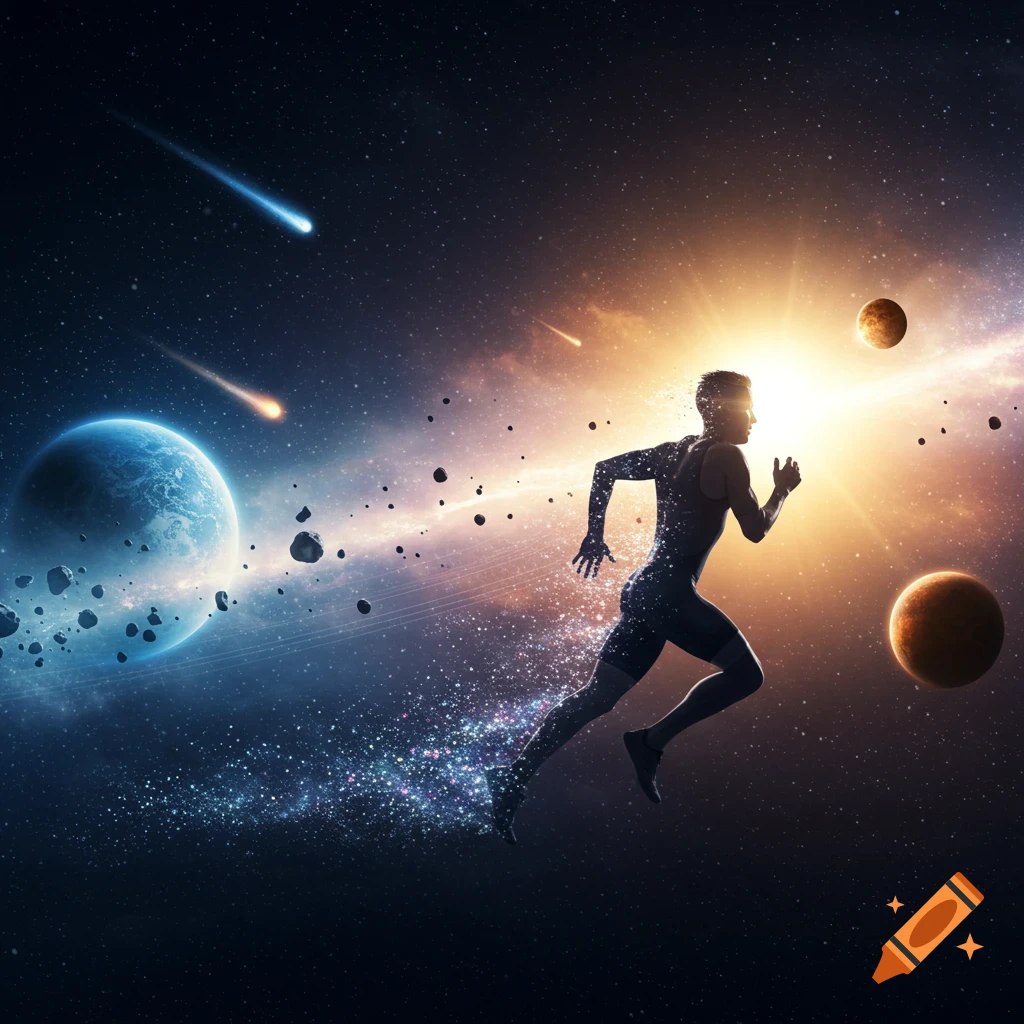 A silhouetted triathlete runs through a vibrant cosmic landscape with planets, stars, and meteors.