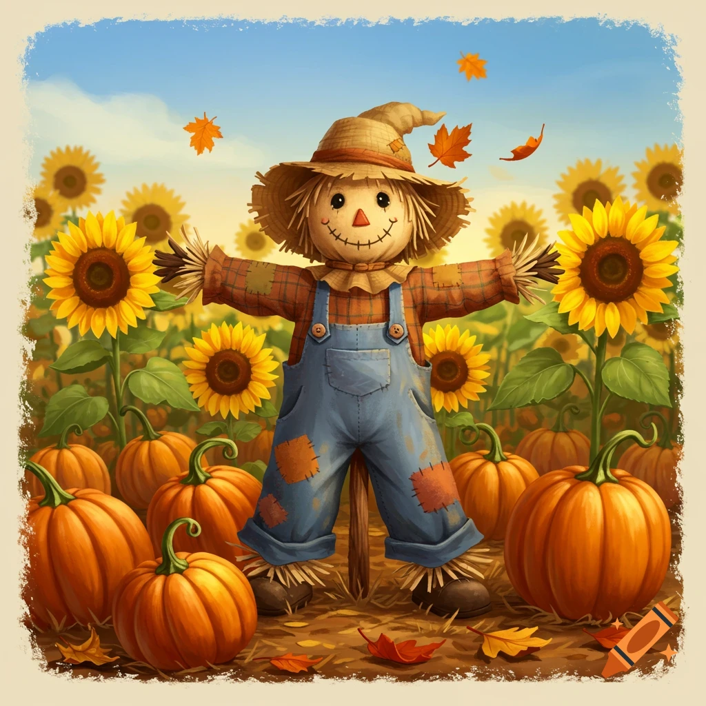A cheerful illustration of a cute scarecrow with a straw hat in a field of sunflowers and pumpkins with falling autumn leaves.