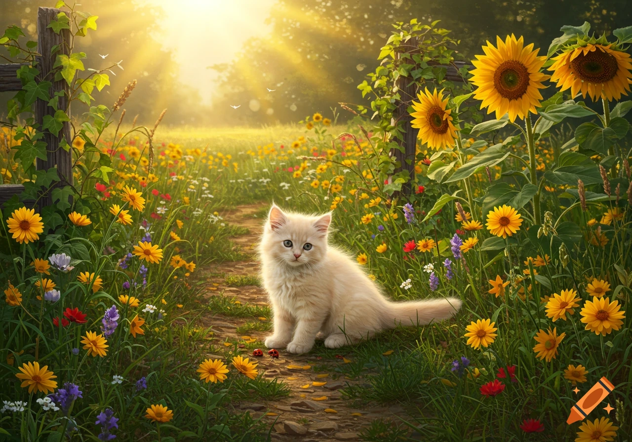 A fluffy cream-colored kitten sits on a dirt path in a sunny field of ...