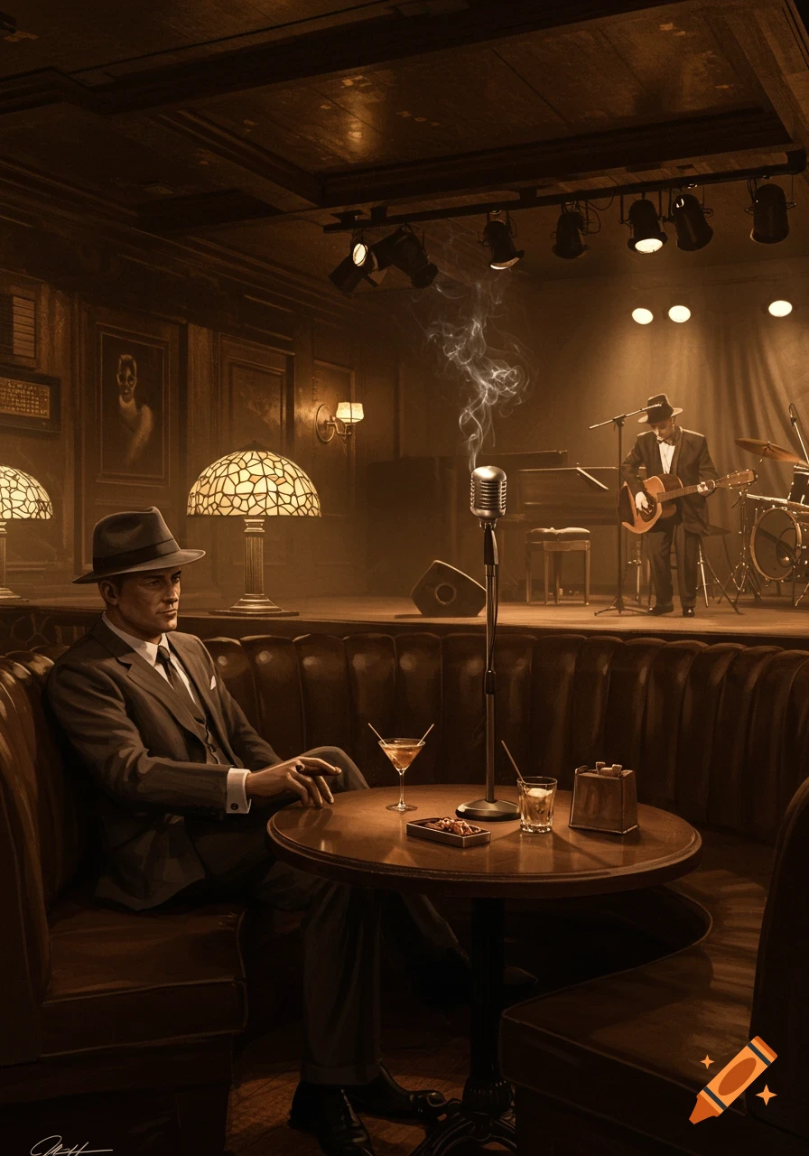 A man in a fedora sits in a dim retro jazz club booth, watching a guitarist on stage as smoke rises from a microphone.