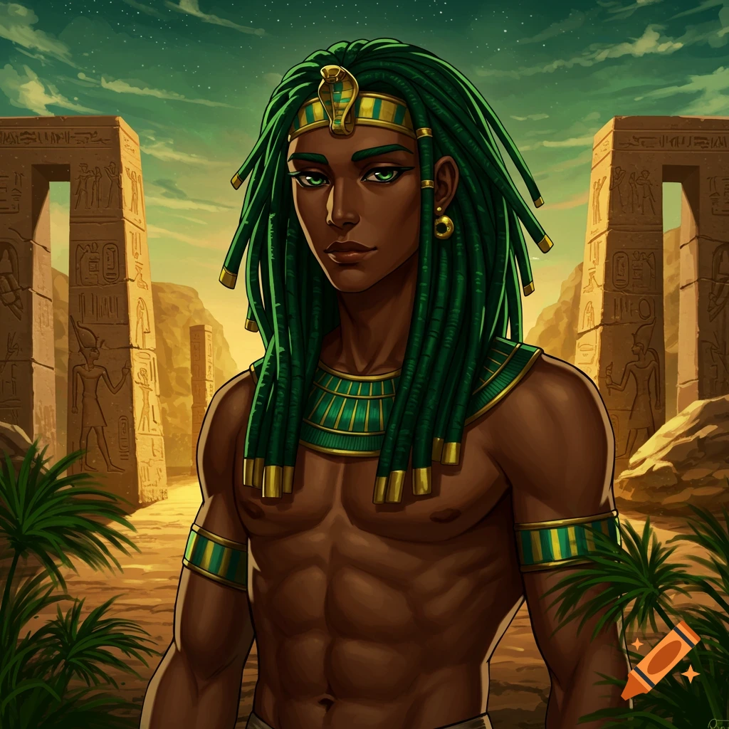 An anime-style dark-skinned man with green dreadlocks, wearing a golden cobra headband and Egyptian attire, stands in a desert with ruins.