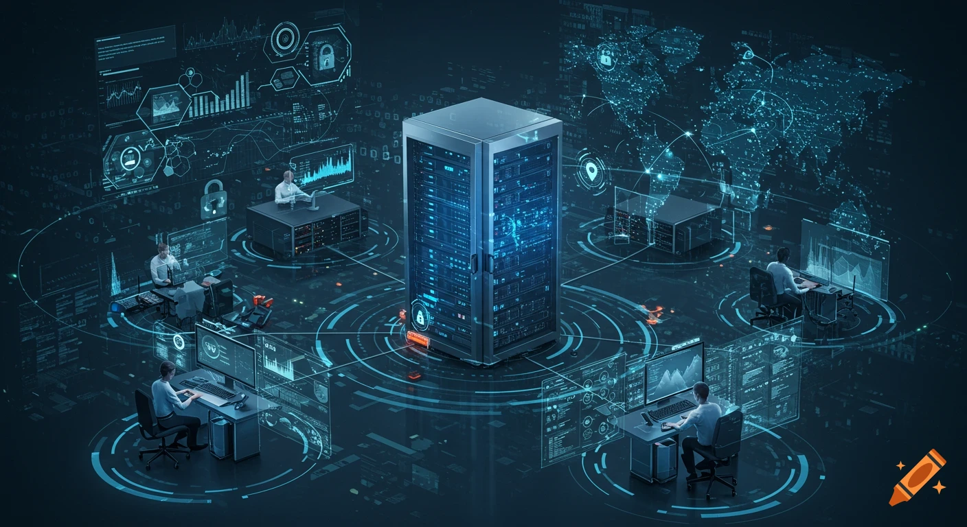 Technicians work at glowing desks around a central server rack, surrounded by holographic data displays and a global network map.