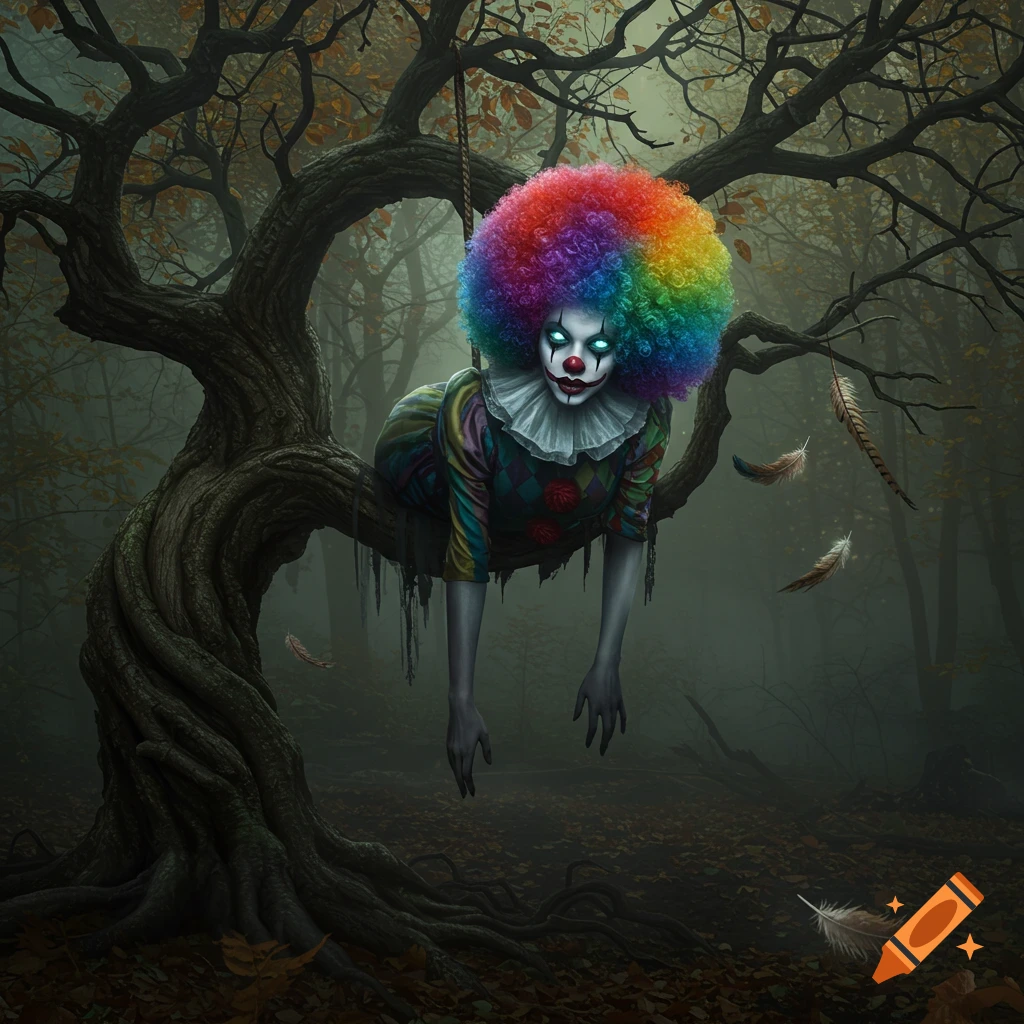 A creepy ghoulish clown with a rainbow afro wig hangs from a bare tree in a dark, misty forest, with feathers floating.