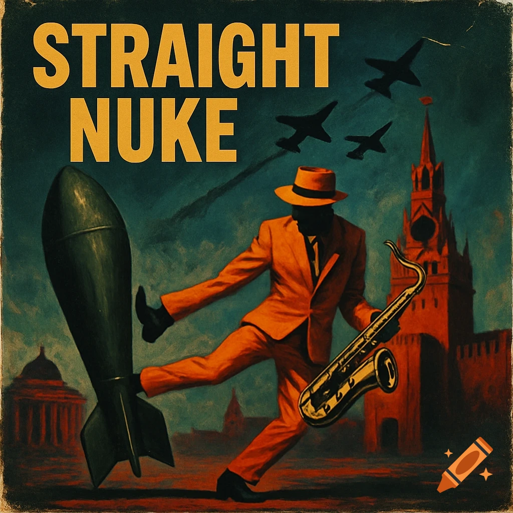 A man in an orange suit and fedora kicks a nuclear bomb while holding a saxophone. Military jets fly over a Soviet city with red buildings. The text "STRAIGHT NUKE" is above, in a vintage poster art style.
