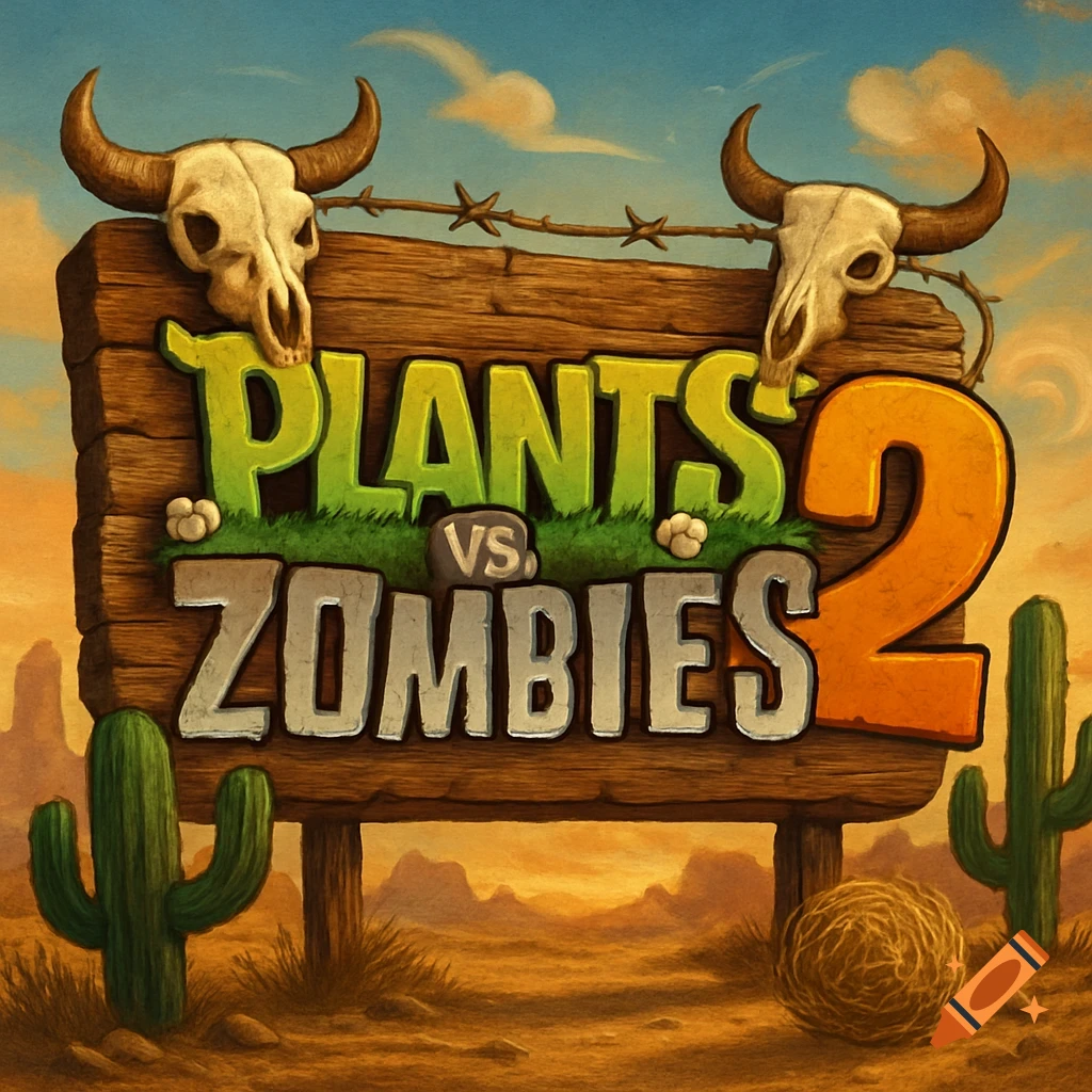 Plants vs Zombies 2 logo on a wooden sign with bull skulls and cacti in a Wild West desert.