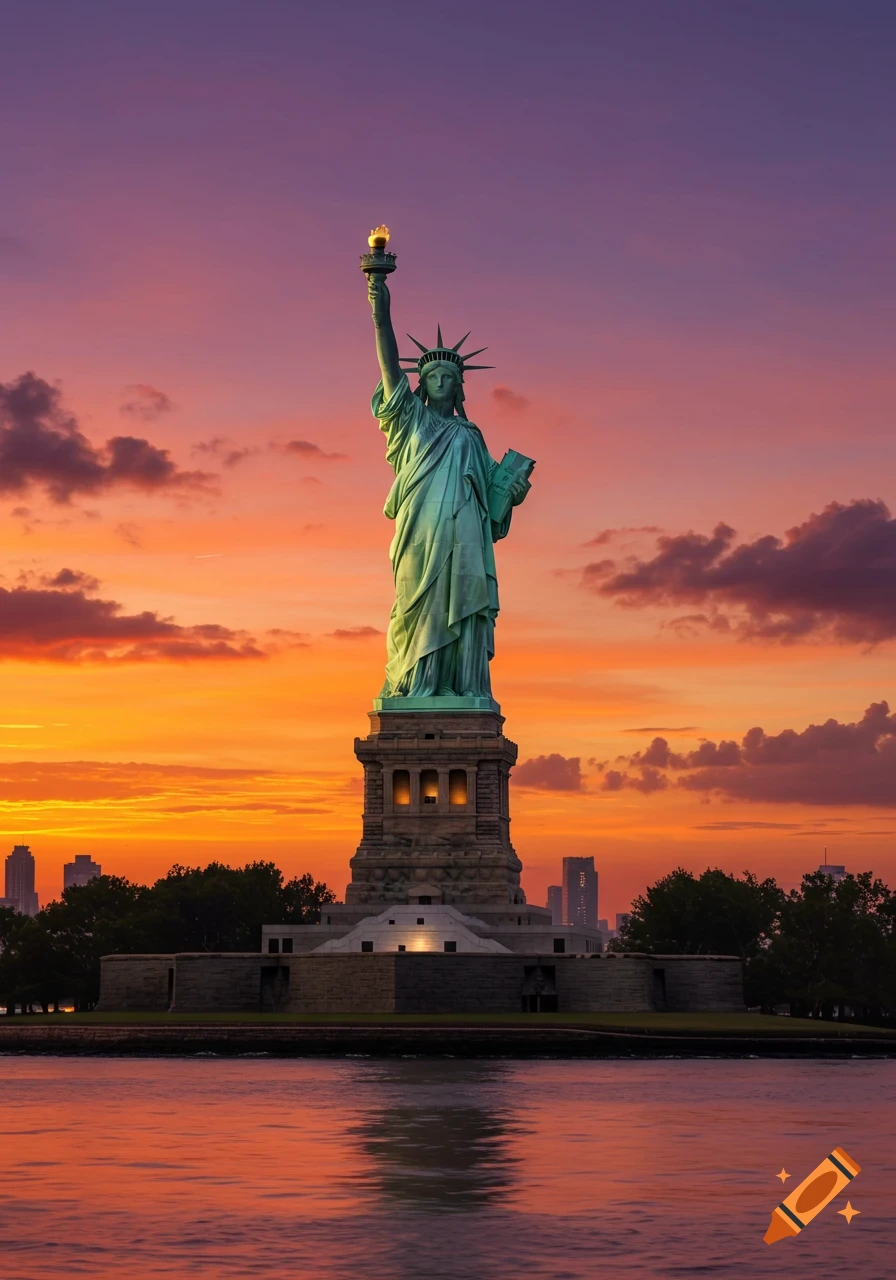 The Statue of Liberty stands tall on its pedestal at sunset, viewed from the water with a vibrant orange and purple sky.