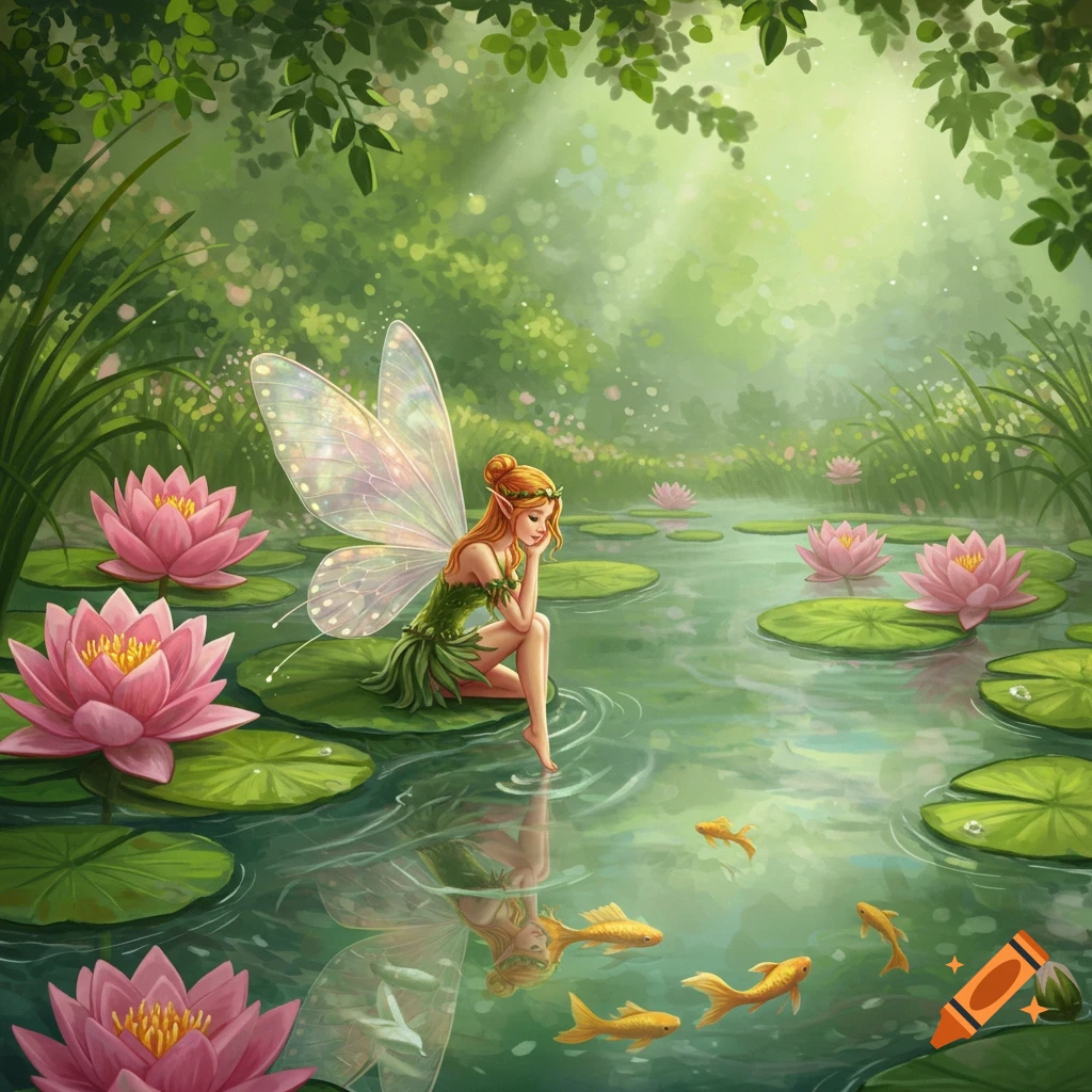A red-haired fairy in a green dress sits on a lily pad in a pond with pink water lilies and goldfish, in a lush forest.