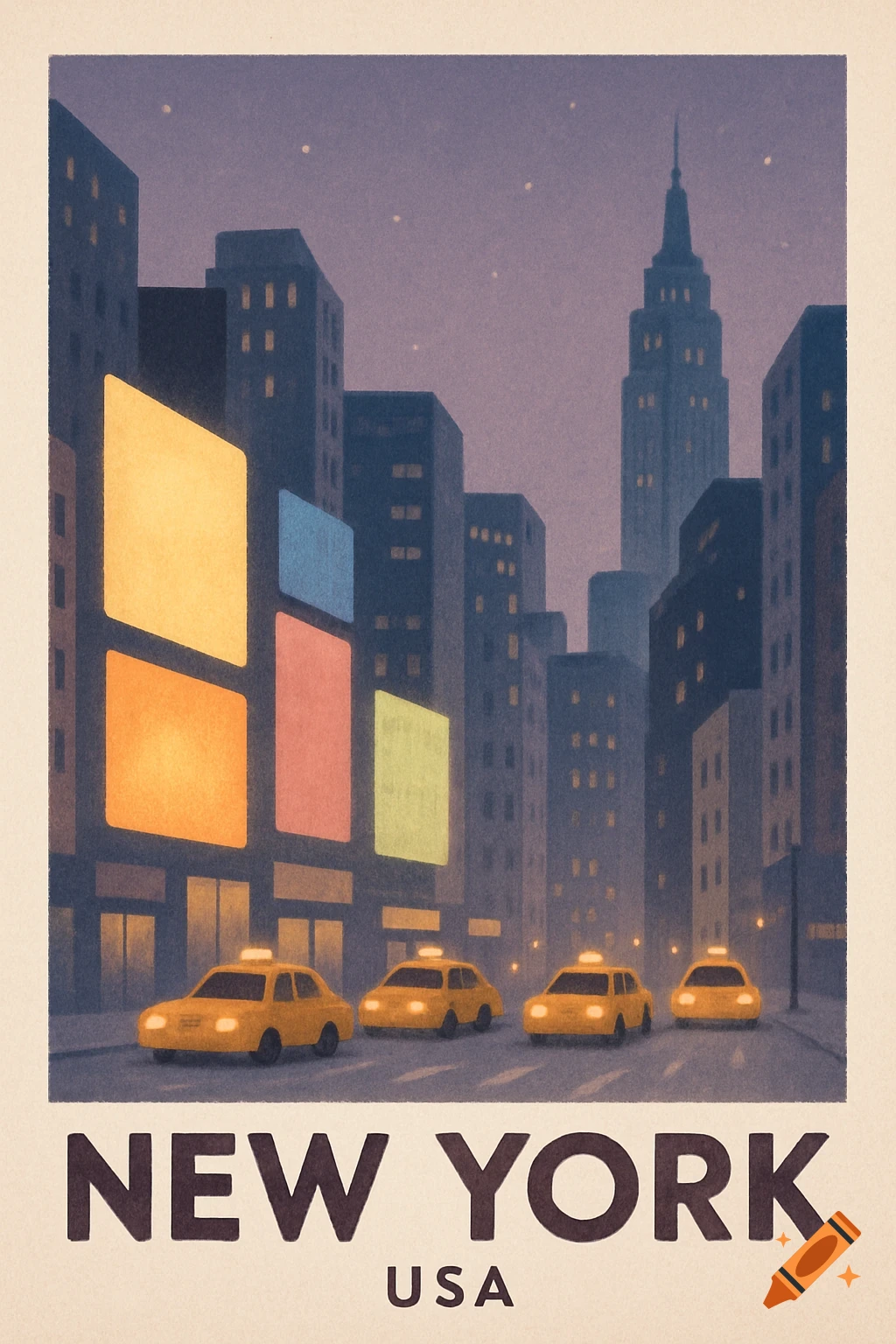 Minimalist digital art travel poster of New York at dusk with yellow taxis, tall buildings, glowing billboards, and 'NEW YORK USA'.
