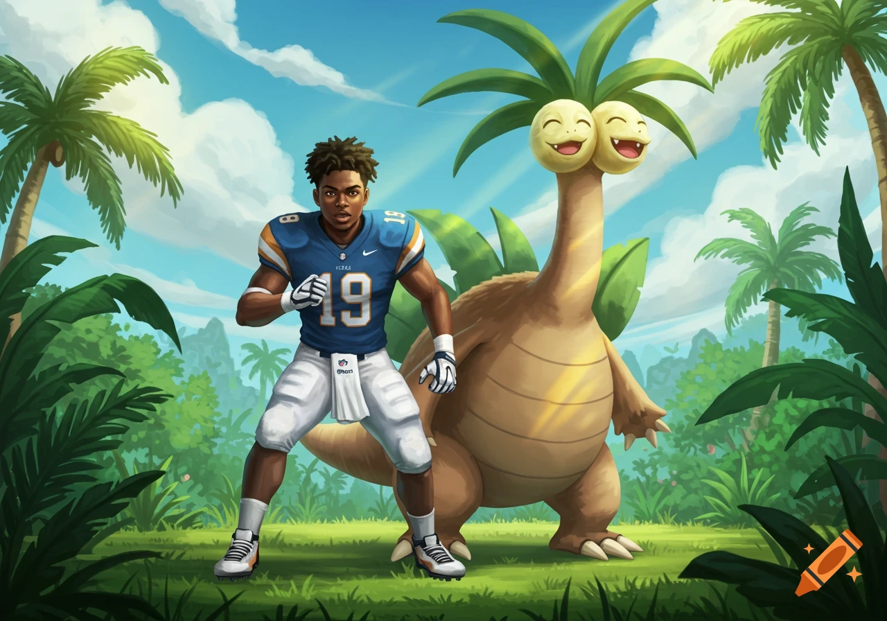 An illustration of a football player in a blue jersey with number 19, standing next to a happy Exeggutor Pokémon in a tropical jungle.