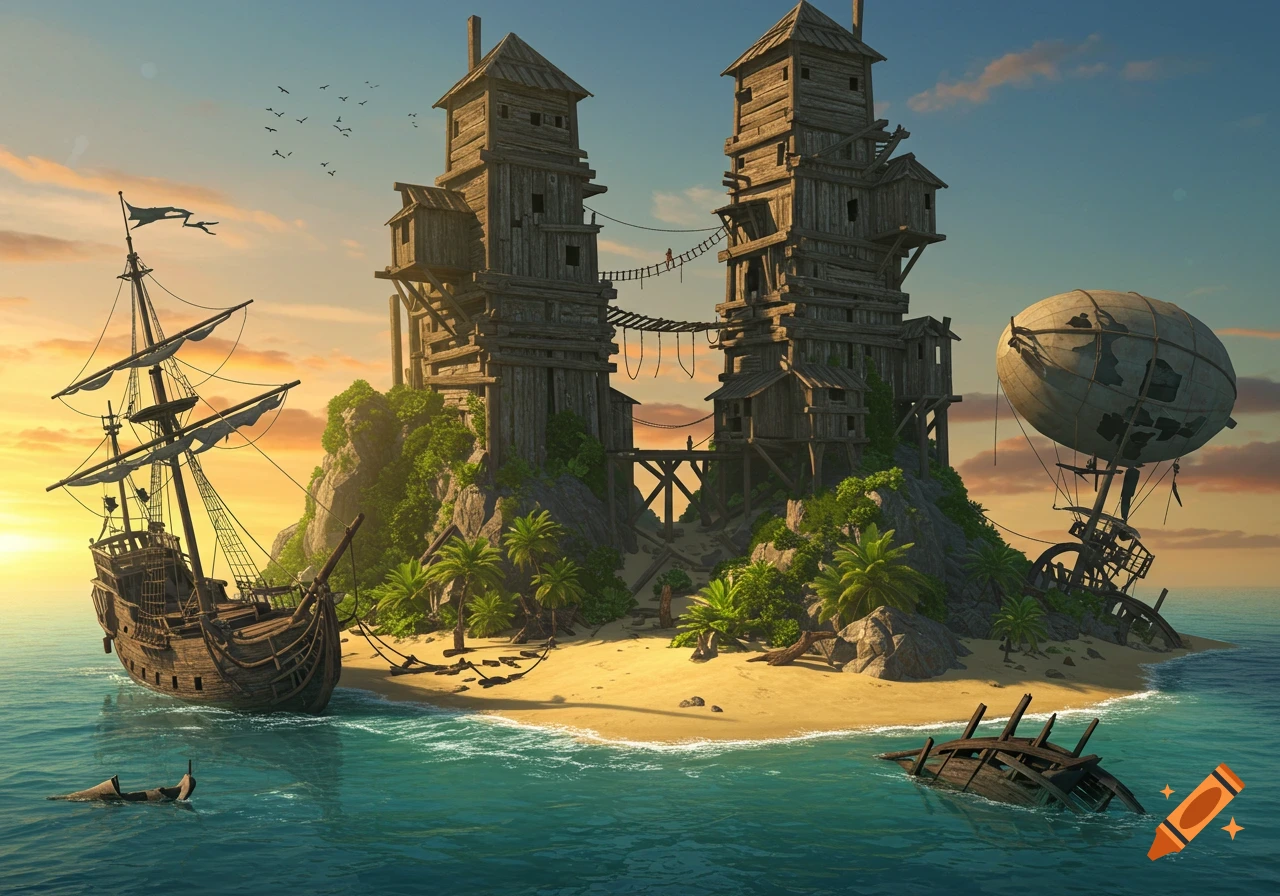 A fantasy island with two tall wooden fortresses, a beached pirate ship, a crashed blimp, and palm trees at sunset.