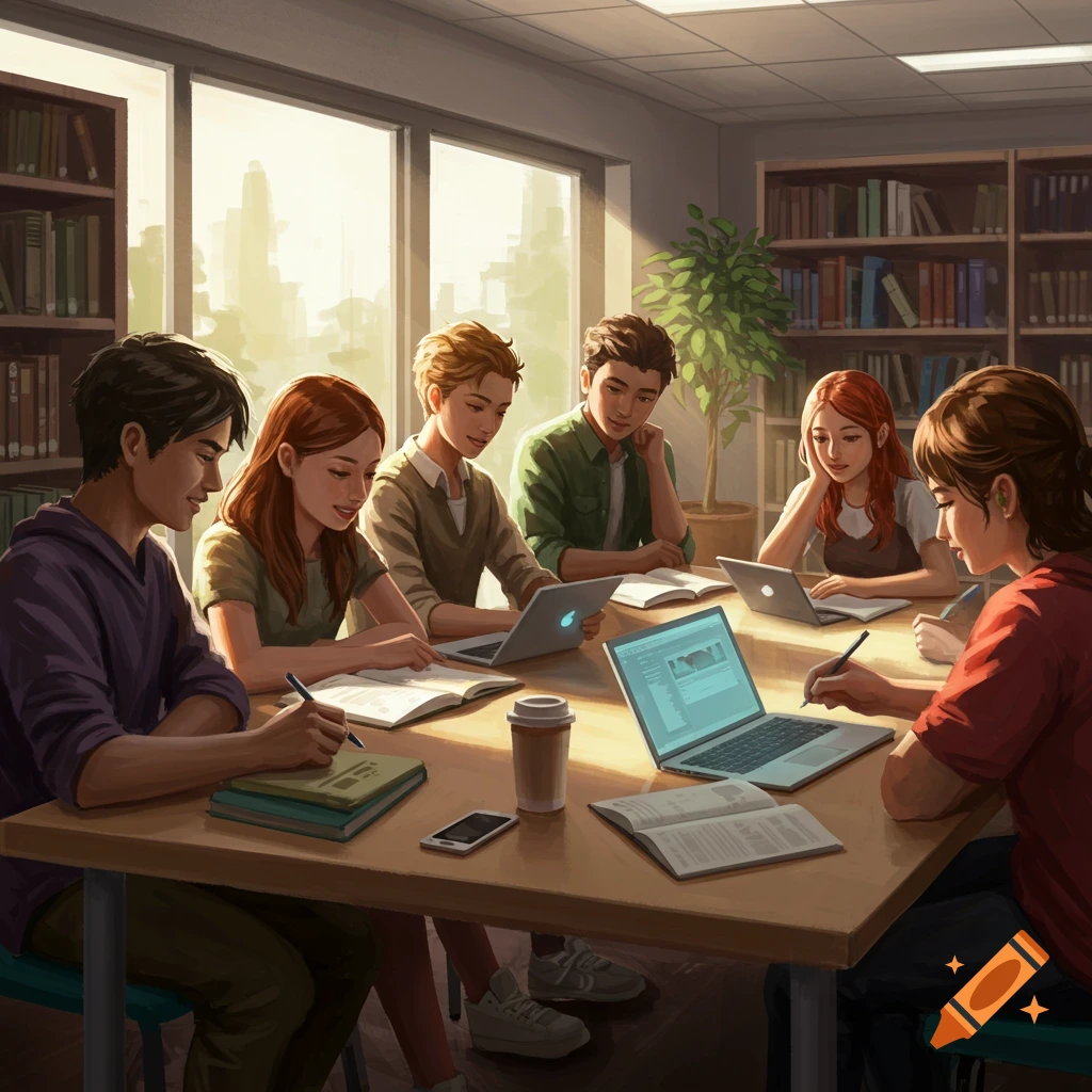 A group of diverse students are gathered around a wooden table in a well-lit study room or library, working on laptops and reading books.