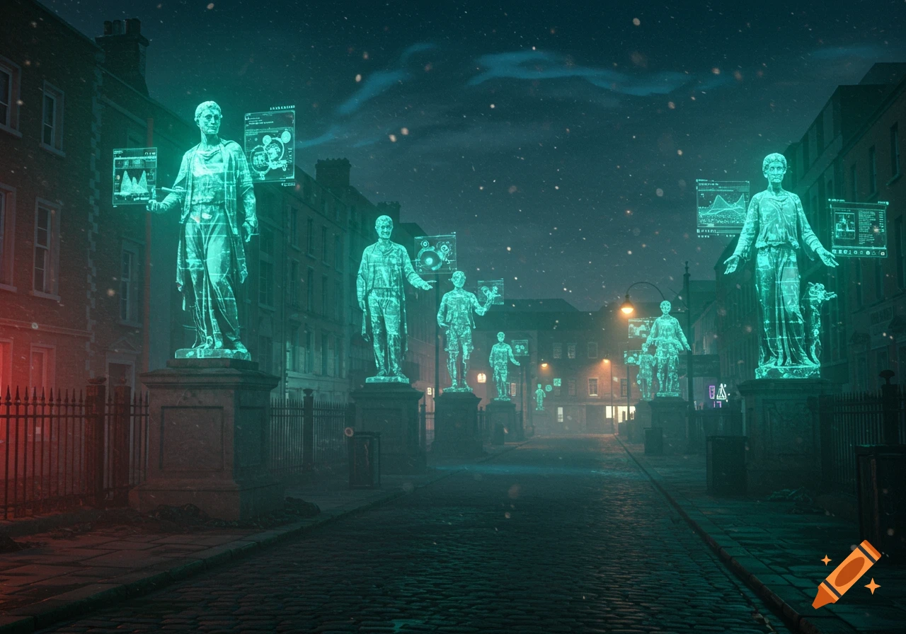 A night-time cityscape street with glowing teal holographic statues, each displaying floating data screens in a futuristic setting.