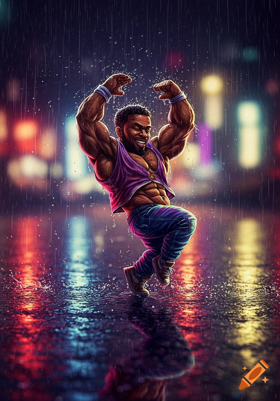 A muscular Black man in a purple tank top joyfully dances and flexes his biceps in the rain on a vibrant city street at night, with neon reflections.