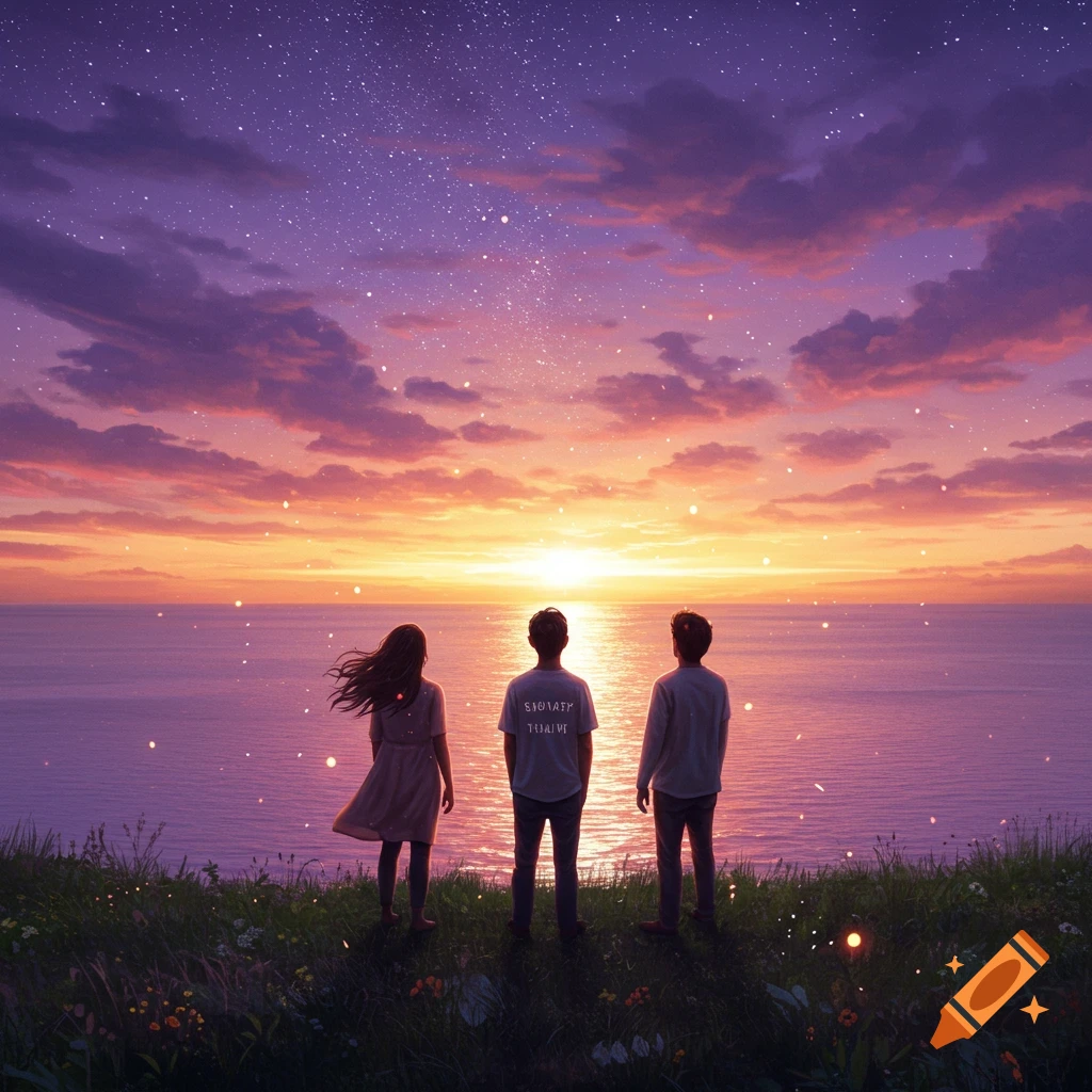 Three friends stand on a grassy cliff, watching a vibrant purple and orange sunset over a starry ocean in an anime art style.