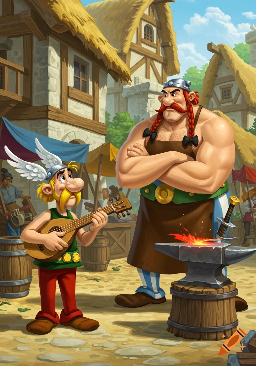 Cacofonix plays a mandolin in a village while a muscular blacksmith, Fulliautomatix, stands by an anvil with a glowing sword.