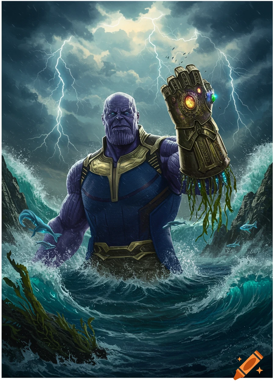 Thanos, wearing the Infinity Gauntlet, rises from a stormy ocean with lightning in the dark sky. Digital art.