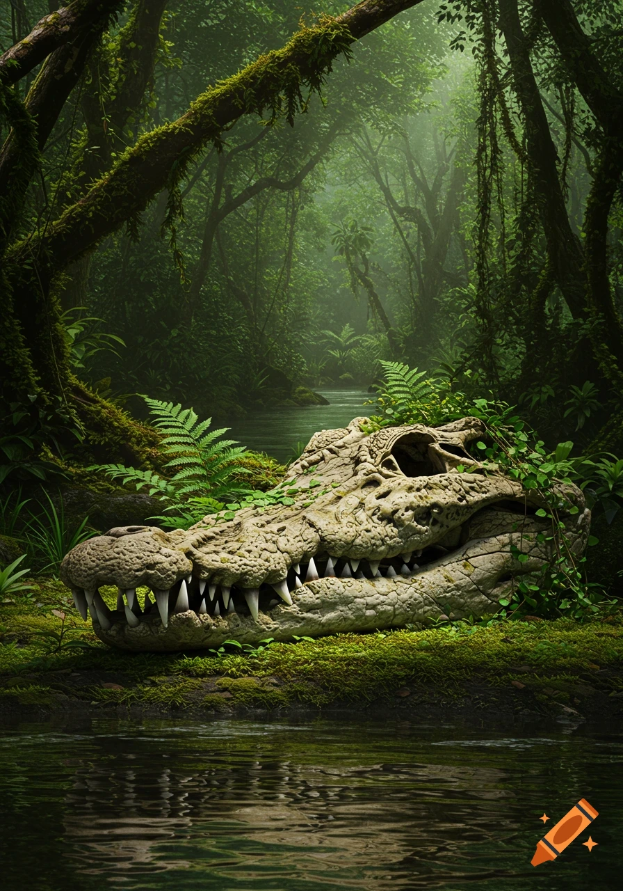 A weathered crocodile skull rests on mossy ground by a river in a lush, misty jungle.