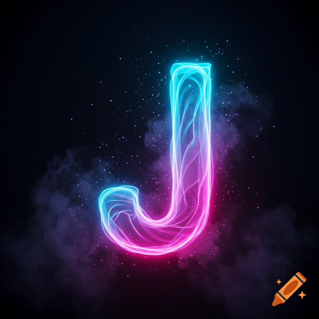 A neon blue and pink glowing letter J with sparkling particles and smoke on a black background.
