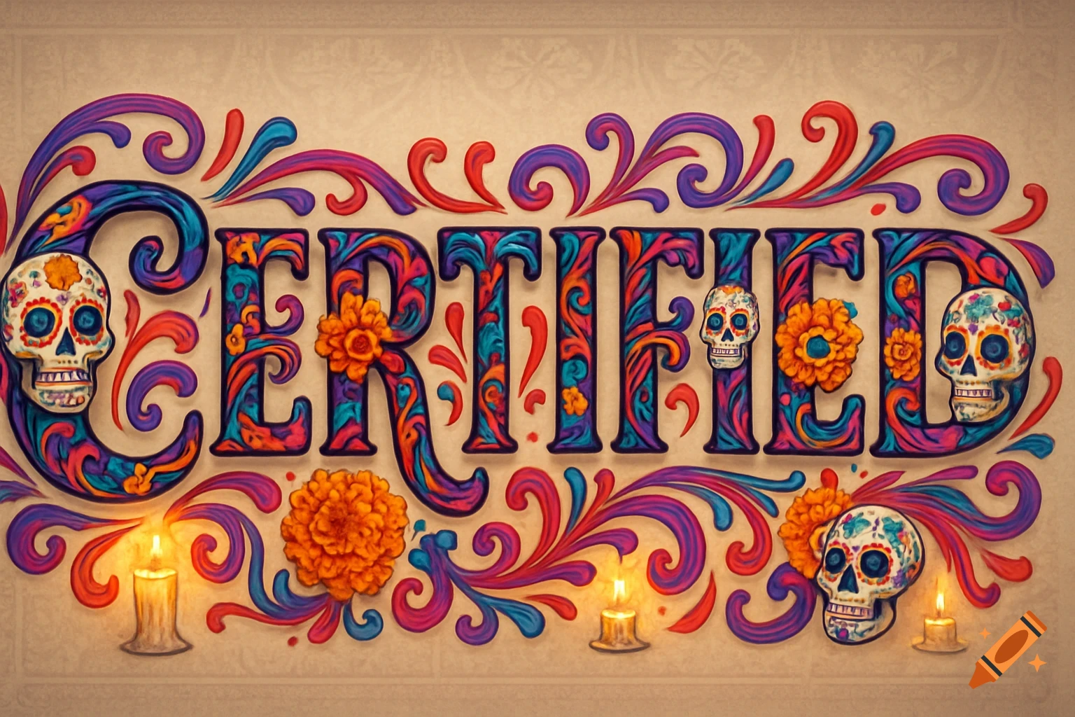 The word CERTIFIED written in a vibrant Dia de los Muertos style, adorned with colorful sugar skulls, marigolds, and candles, against a patterned background.